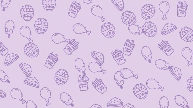 Seamless Pattern of Doodle Fast Food Icons on Pastel Purple Background.