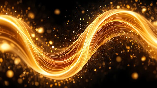 Golden light streaks and sparkling dust create an abstract flowing ribbon