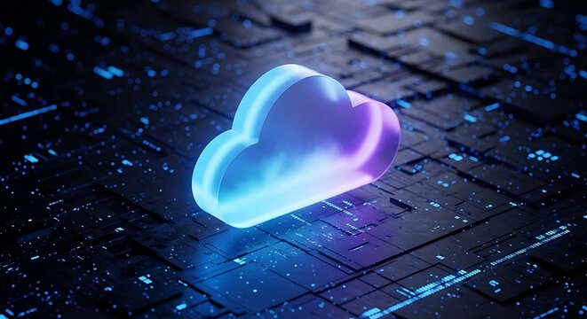 Glowing cloud shape rests on a grid of futuristic digital lines