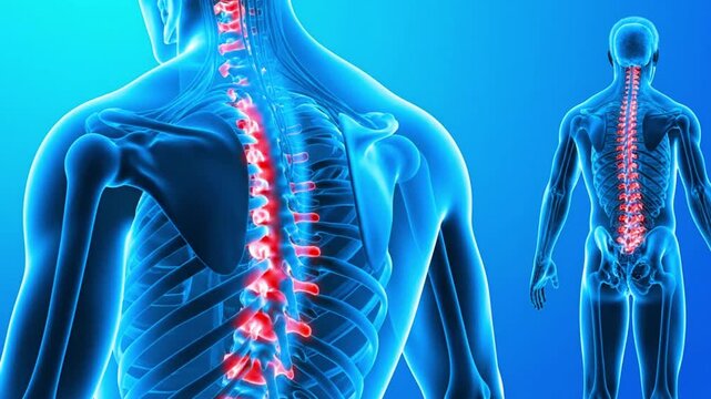 Anatomical illustration showing human spine with red highlights on a blue background anatomy medical view