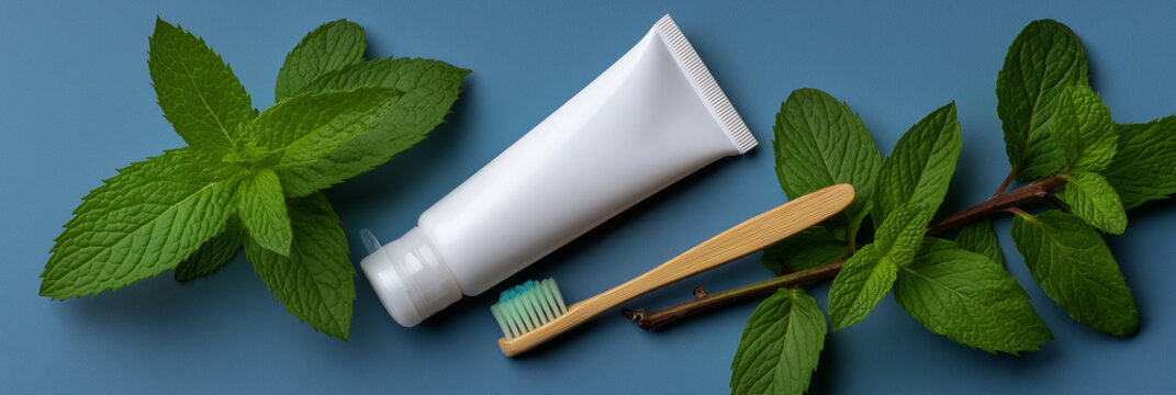 This image captures an eco-friendly toothpaste tube alongside a bamboo toothbrush and fresh mint leaves, representing sustainable personal care and a green lifestyle approach. - Powered by Adobe