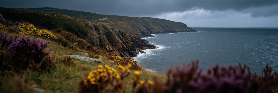 This moody coastal scene features rugged cliffs adorned with vibrant wildflowers, set against a dramatic ocean backdrop, bringing together nature's raw beauty and intricate detail.