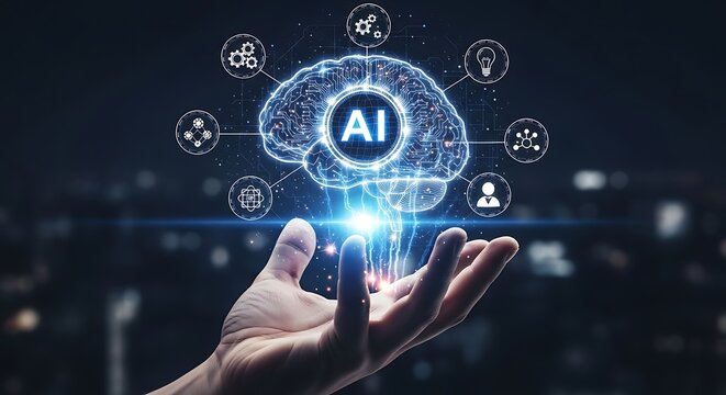 Artificial intelligence concept a glowing brain held in a human hand