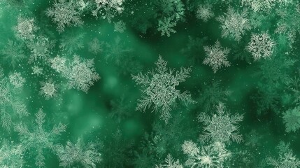 Gentle Blizzard of Winter Snow Crystals Falling on a Frosty Emerald Green Background