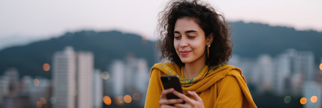 A cheerful woman smiles while using her smartphone in an urban environment, symbolizing the connection between technology and personal interactions in modern life.
