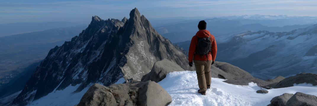 A traveler stands atop a snowy mountain peak, gazing over the breathtaking landscape, showcasing the adventurous spirit and beauty of nature's challenges and rewards. - Powered by Adobe