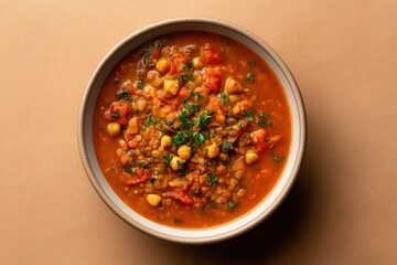 Hearty Chickpea and Lentil Soup With Tomato Served in a Bowl on a Beige Background