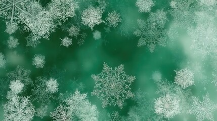 Snowflakes Fall on a Green Background Creating a Winter Scene, Perfect for Christmas Decorations and Holiday Backgrounds