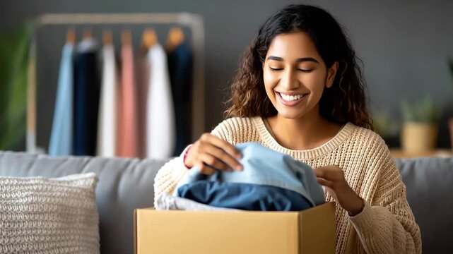 Delighted young woman is relaxing on her couch at home, eagerly unwrapping her latest online purchase. A satisfied customer unwrapping a package filled with trendy new clothes