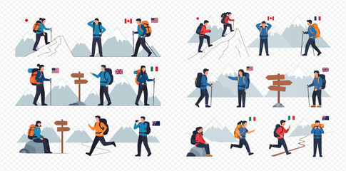 Illustrations of diverse hikers and trekkers exploring mountains with national flags and signposts.