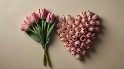 A creative floral arrangement forming a heart shape made of soft pink tulip petals with a green stem and leaves, placed on a light beige background — romantic, minimalist, and nature-inspired composit