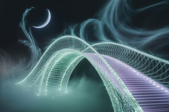 Ethereal bridge with crescent moon and swirling mist