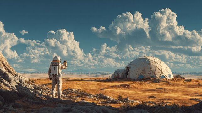 Astronaut in Space Suit Walking on Mars Surface Near Dome Habitat in Red Planet Landscape