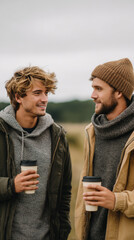 Two young male friends talking over coffee outdoors in nature