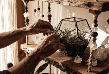 An older person's hands gently arrange air plants in a geometric glass terrarium on a rustic wooden shelf with crystals, illustrating a mindful, boho-style hobby.