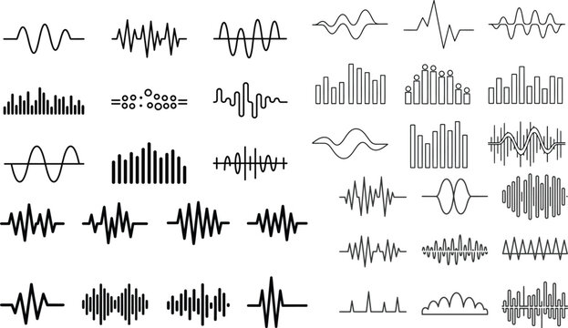 Diverse soundwave patterns for music production, data visualization, or scientific analysis projects, offering dynamic visual elements and abstract graphic designs