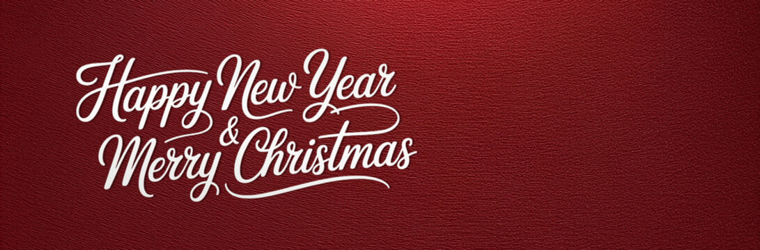 Happy New Year, Merry Christmas, elegant script typography on rich red textured background. Festive holiday greeting card, celebration banner, seasonal design, joyful message, Christmas background,