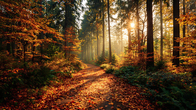 Autumn forest path with sunbeams