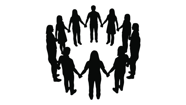 Diverse group holding hands in a circle silhouette isolated on white background, Vector