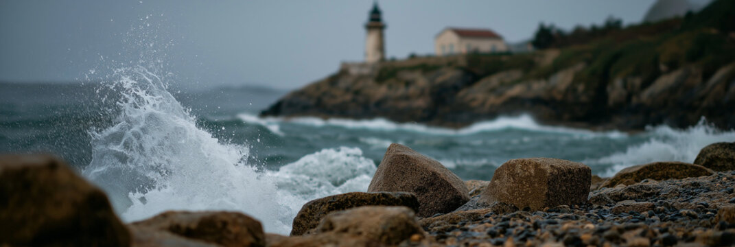 The dramatic scene of waves crashing against rugged rocks near a lighthouse captures the raw power of nature and symbolizes guidance, safety, and the beauty of the coastline.