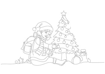 Christmas cheer Continuous line drawing of girl decorating tree with presents