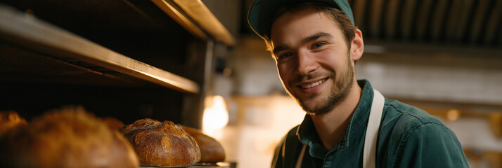 A young baker proudly presenting freshly baked bread in a bakery, highlighting the dedication and artistry involved in creating delicious culinary delights.