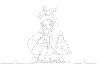 Charming continuous line drawing artwork depicting a joyful girl with reindeer antlers and a gift near a festive Christmas tree