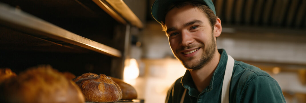 A young baker proudly presenting freshly baked bread in a bakery, highlighting the dedication and artistry involved in creating delicious culinary delights.