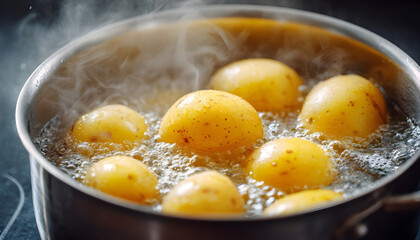 Cooking potatos in boiling water in saucepan. Closeup