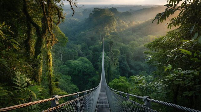 Suspension bridge over a lush green rainforest canopy at sunrise, costa rica