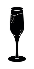 Champagne Glass Icon. Black silhouette of champagne glass with bubbles. Minimal elegant icon of sparkling wine flute. Festive celebration drink illustration for luxury party and holiday design