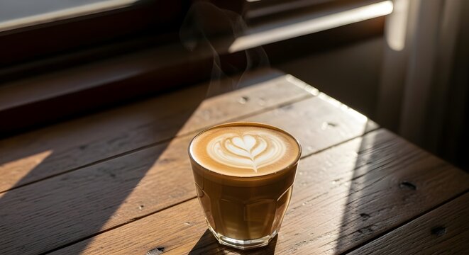 “Latte art with heart foam on a rustic wooden table under morning sunlight — cozy coffee aesthetic” - Powered by Adobe