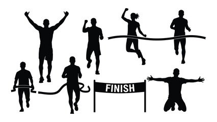 Running race finish line celebration silhouettes isolated on white background, Vector
