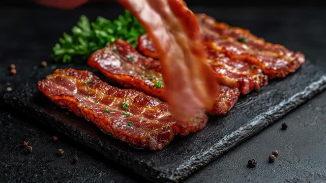 Crispy bacon strips on slate being lifted by fingers, greens on top