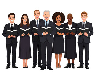 Obraz premium A diverse choir of seven singers, dressed in formal attire, holding songbooks, against a stark black background