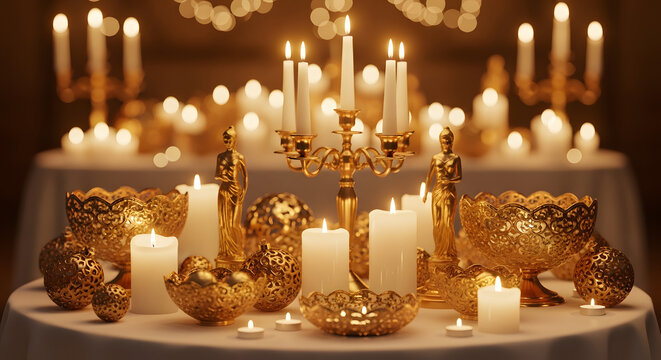 Opulent table setting bathed in warm candlelight, featuring elegant golden candelabras and ornate decorative bowls, creating a festive ambiance perfect for a luxurious celebration or upscale event