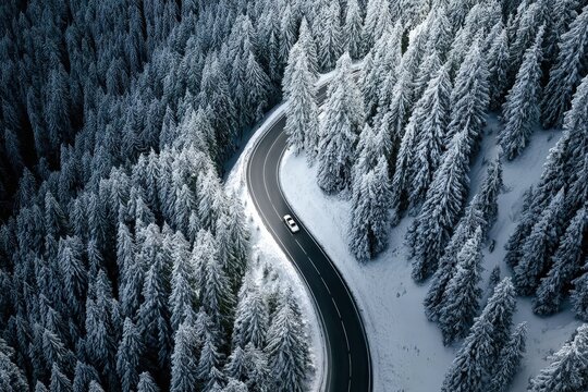 A winding road through a snowy forest, showcasing a tranquil winter landscape from an aerial perspective. - Powered by Adobe