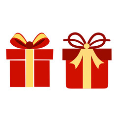 Minimalist vector illustration of two red gift boxes with yellow ribbons, perfect for Christmas, birthdays, or celebration designs