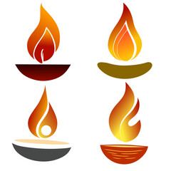 Set of four minimalist vector oil lamps with glowing flames in warm orange tones, ideal for Diwali, festival, or spiritual design themes
