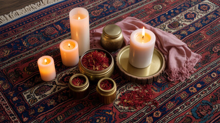 Persian rug with saffron jars and lit candles