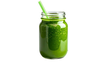 A green smoothie sits in a glass jar with a straw, isolated on a black background