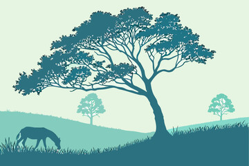 Eagle/Falcon Perched on Bare Tree Branch Line Art Vector