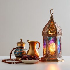 The image features a serene and traditional Islamic-themed setup against a plain light background. 