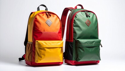 Fototapeta premium Two colorful backpacks side by side on white background, red and green bodies with yellow tops, flap and buckle front pockets, symmetrical product display.