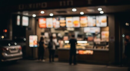 Obraz premium Defocused night scene with people waiting outside a brightly lit fast-food establishment