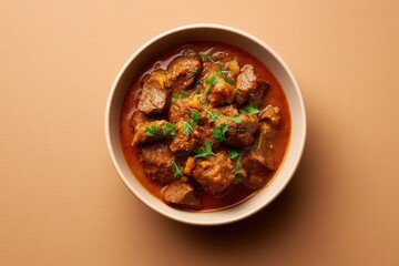 Delicious Lamb Curry With Garnish Served in a Cream Bowl on a Brown Background