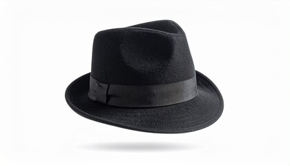 Black fedora hat with wide brim and ribbon around crown, angled on thin wire stand, isolated on white background, classic and elegant vintage fashion accessory.