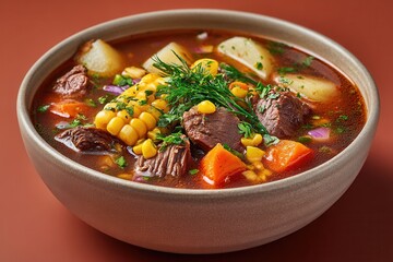 Hearty Beef and Vegetable Stew is Served in a Ceramic Bowl for Dinner