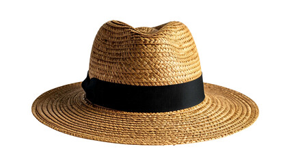 Woven straw hat with black band. Wide brim, curved top, isolated on black backdrop