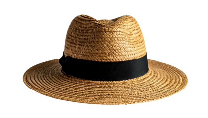 Woven straw hat with black band. Wide brim, curved top, isolated on black backdrop